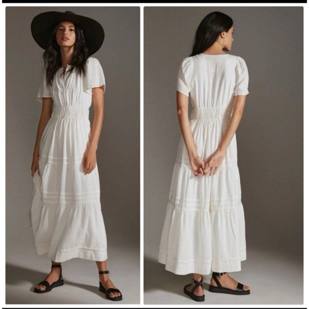 By Anthropologie The Somerset Linen Maxi Dress White Size Medium Cottagecore